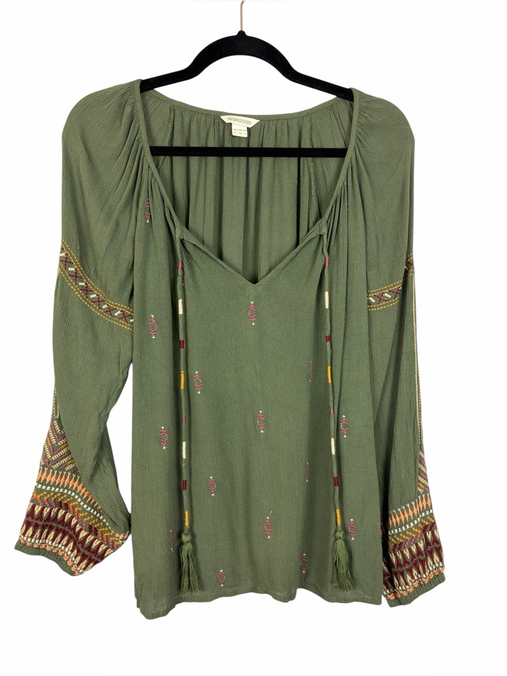Monsoon Olive Green Embroidered Boho Peasant Blouse Size UK 12 US 8